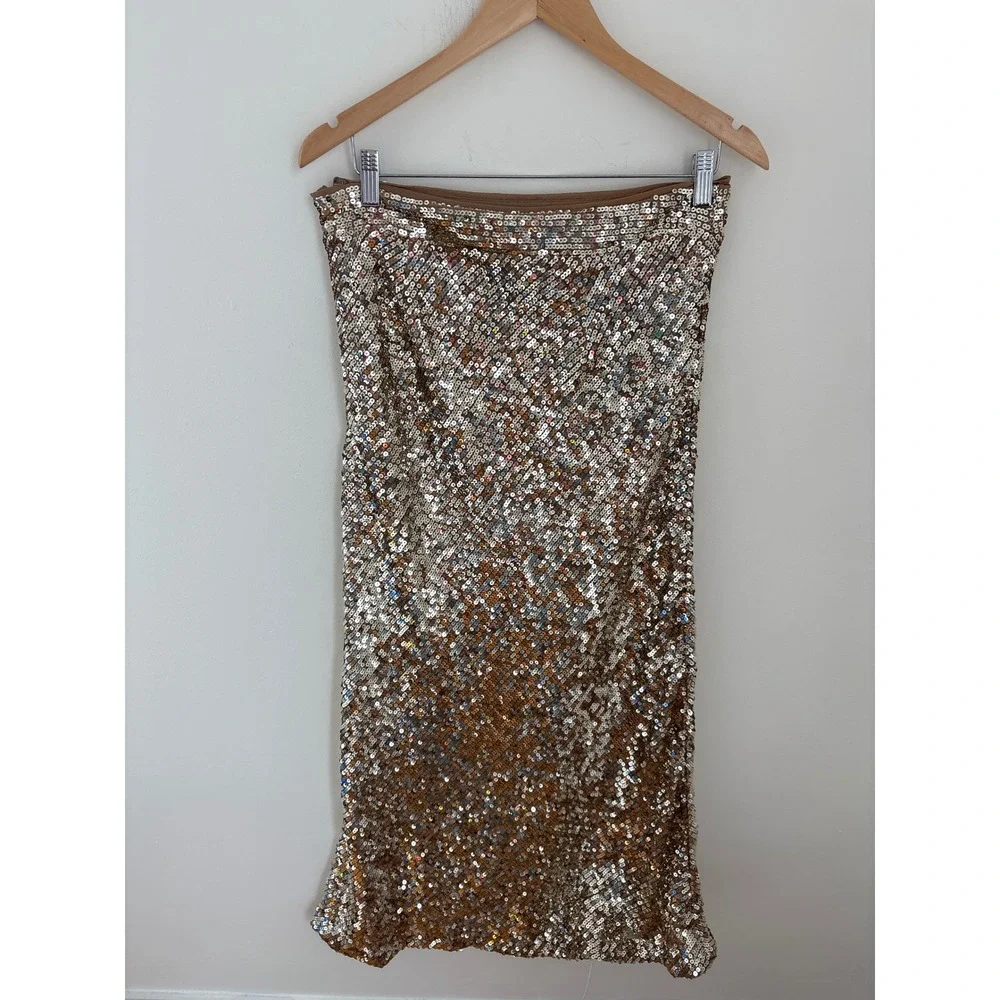 ASOS DESIGN Gold Silver Sequin maxi Skirt‎ High Waisted Metallic Party US 8
